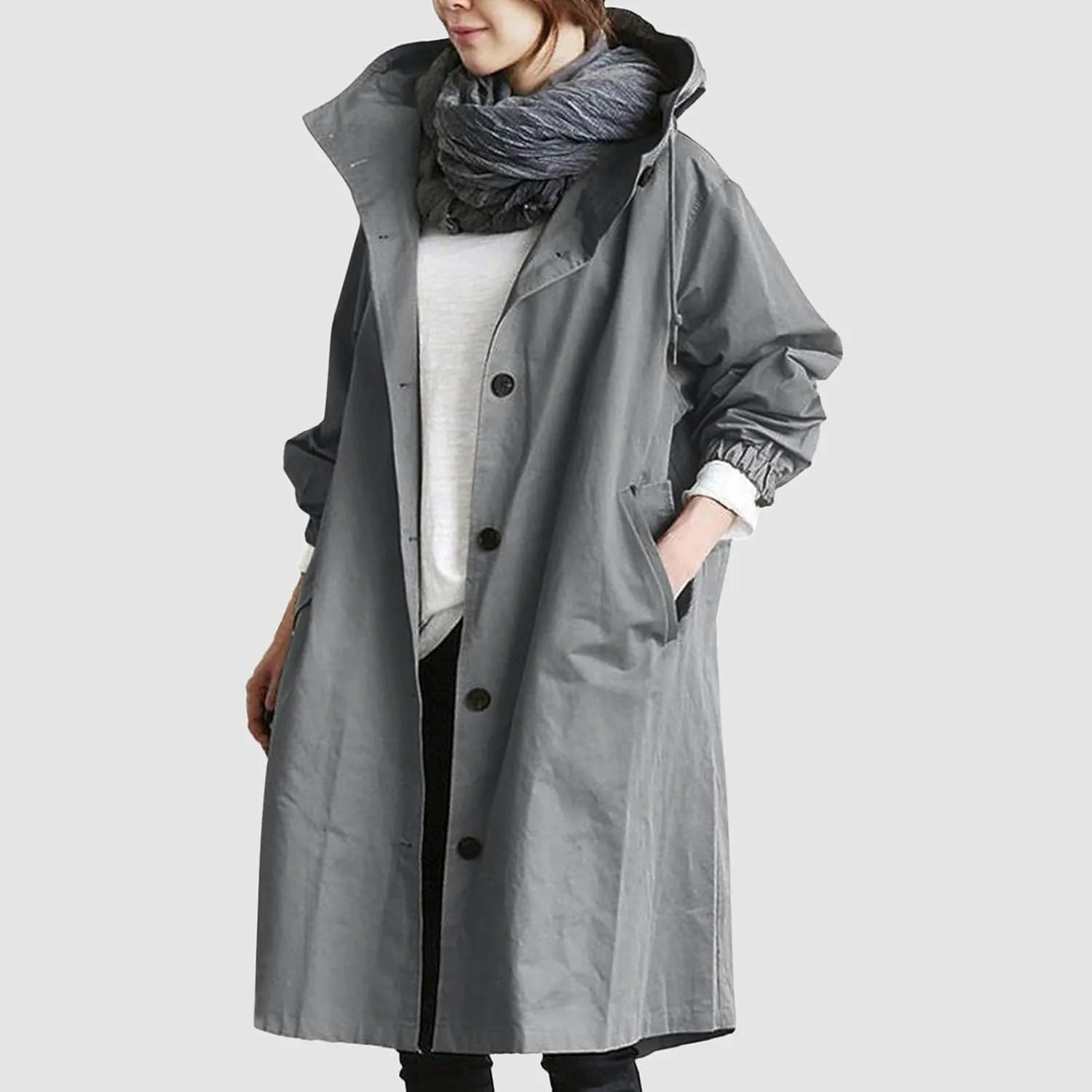 Womens Hooded Trench Coat Winter Lightweight Waterproof Rain Jacket Outdoor Button Down Oversized Windbreaker Outwear