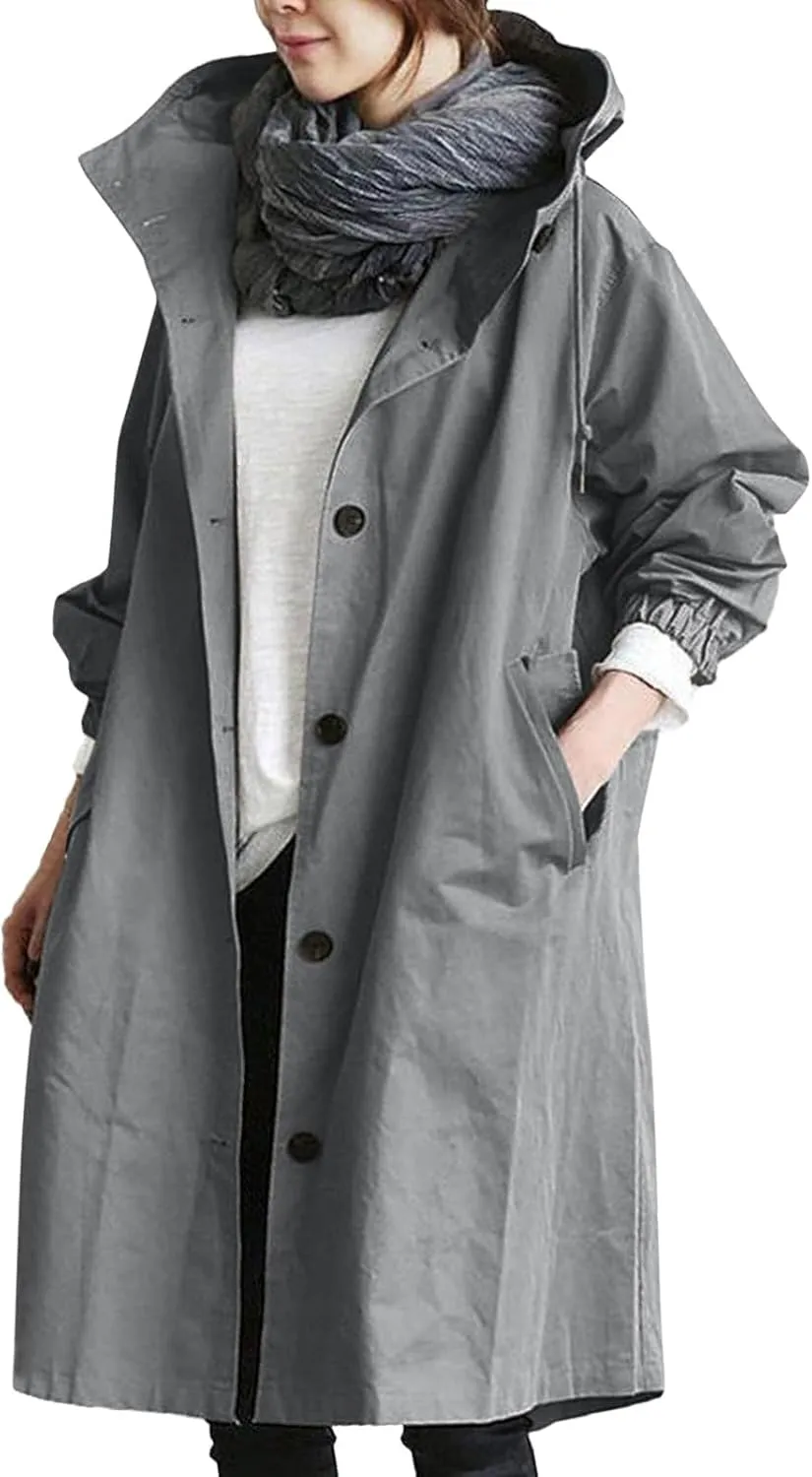 Womens Hooded Trench Coat Winter Lightweight Waterproof Rain Jacket Outdoor Button Down Oversized Windbreaker Outwear