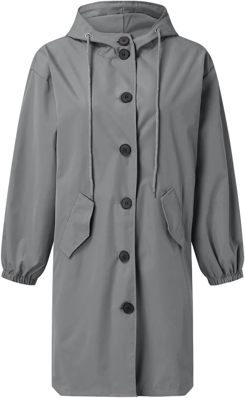 Womens Hooded Trench Coat Winter Lightweight Waterproof Rain Jacket Outdoor Button Down Oversized Windbreaker Outwear