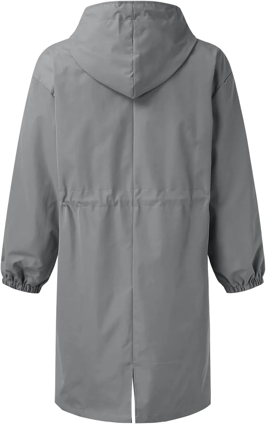Womens Hooded Trench Coat Winter Lightweight Waterproof Rain Jacket Outdoor Button Down Oversized Windbreaker Outwear