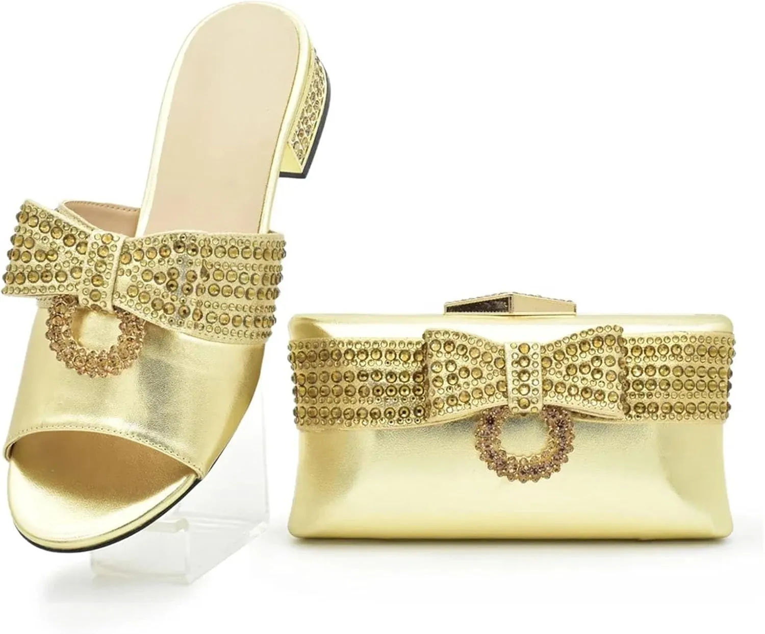 Womens Italian Bow Rhinestone Shoes and Bags Decorated with Crystal Luxury Designers Clutch Purse for Wedding Party