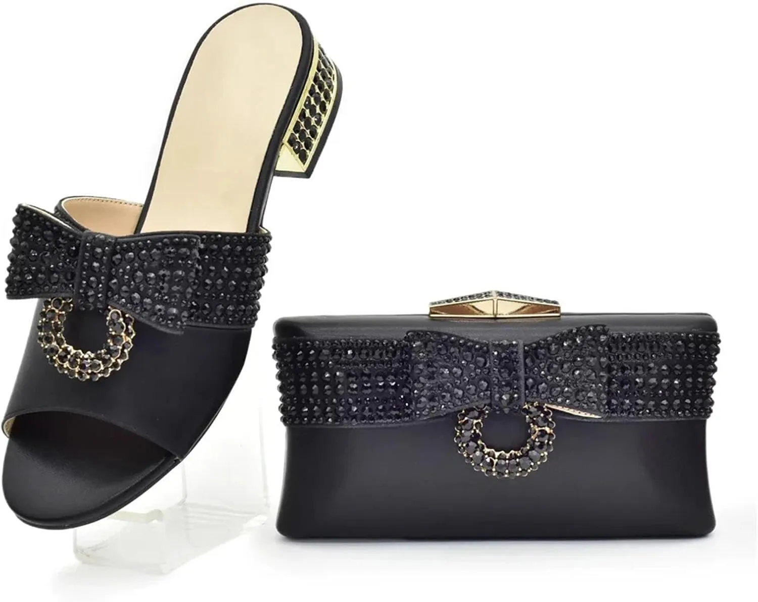 Womens Italian Bow Rhinestone Shoes and Bags Decorated with Crystal Luxury Designers Clutch Purse for Wedding Party