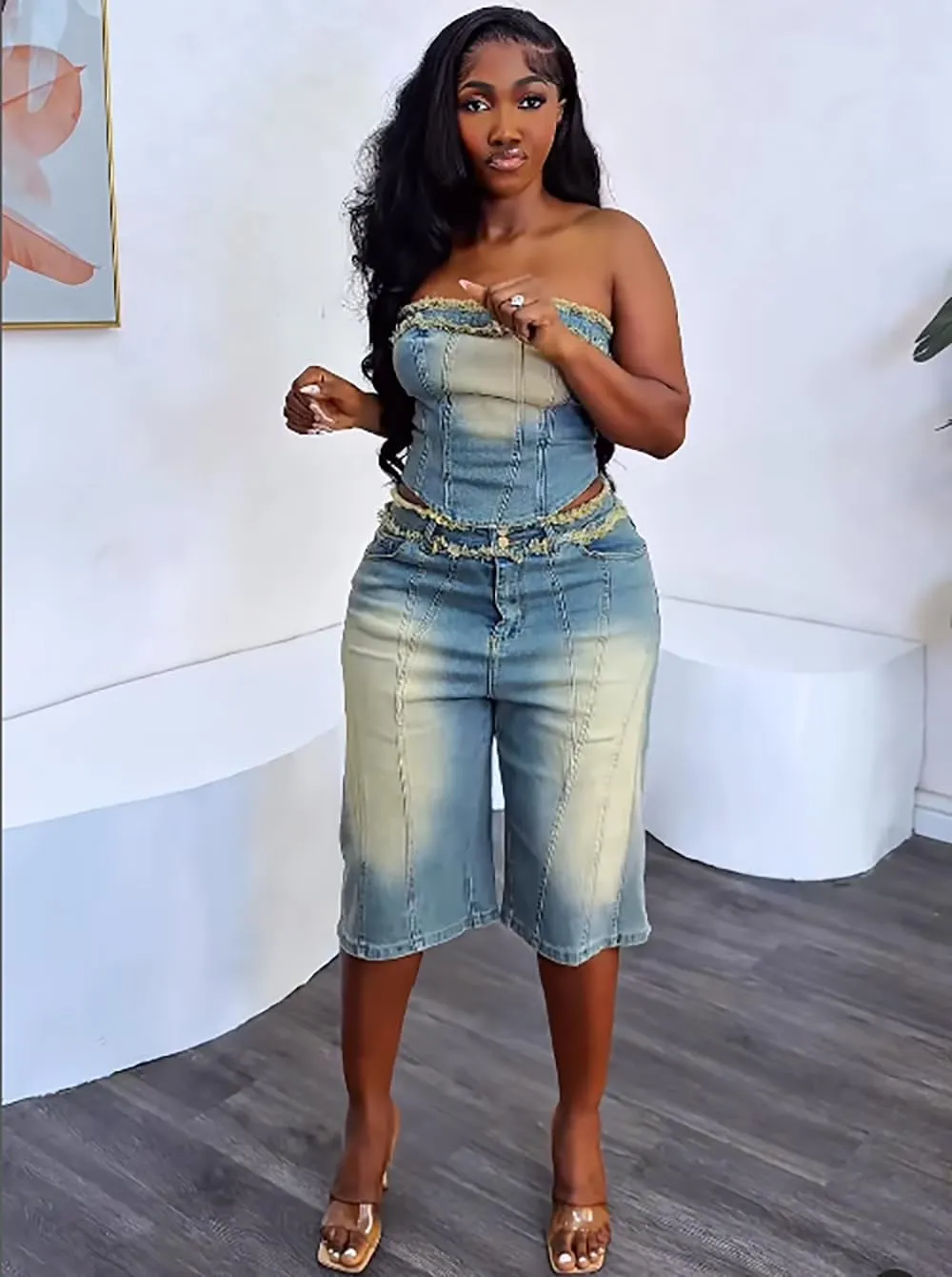 Women'S Jeans Suit, Washed Off-Shoulder Crop Top And High Waisted Knee-Length Shorts, Light Blue Denim