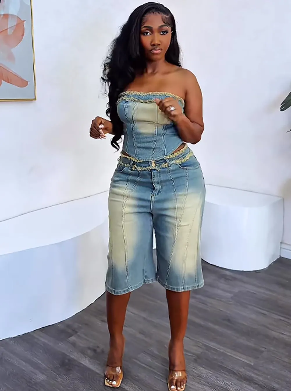 Women'S Jeans Suit, Washed Off-Shoulder Crop Top And High Waisted Knee-Length Shorts, Light Blue Denim