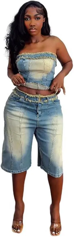 Women'S Jeans Suit, Washed Off-Shoulder Crop Top And High Waisted Knee-Length Shorts, Light Blue Denim