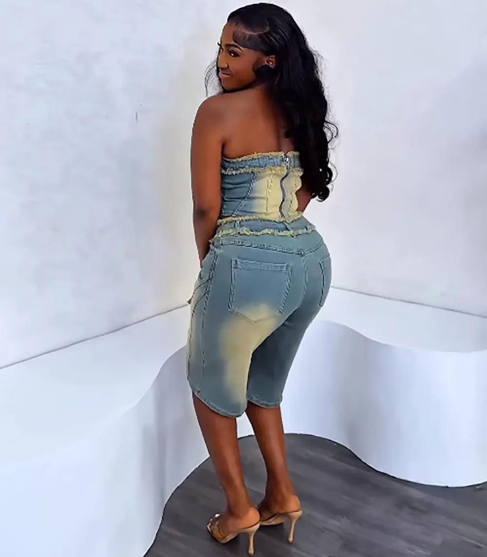 Women'S Jeans Suit, Washed Off-Shoulder Crop Top And High Waisted Knee-Length Shorts, Light Blue Denim
