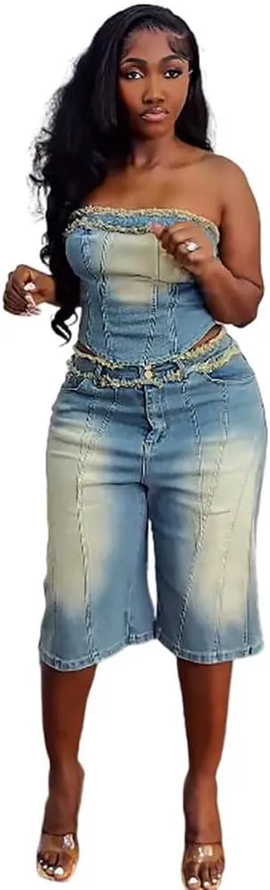 Women'S Jeans Suit, Washed Off-Shoulder Crop Top And High Waisted Knee-Length Shorts, Light Blue Denim