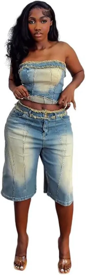 Women'S Jeans Suit, Washed Off-Shoulder Crop Top And High Waisted Knee-Length Shorts, Light Blue Denim