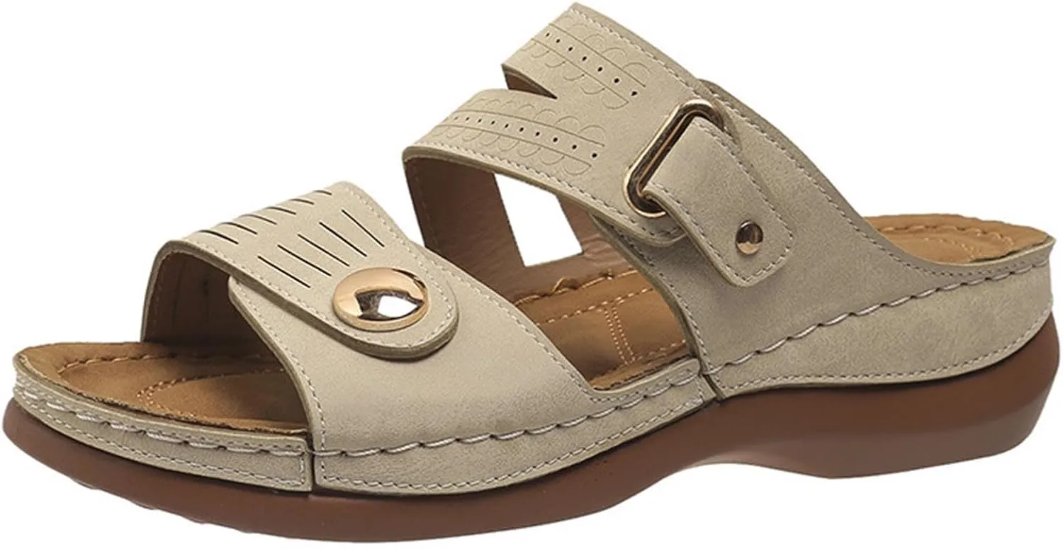 Womens Leather Flat Sandals Slide Casual Sandals with Arch Support Adjustable Hook and Loop Straps Slip-On Shoes