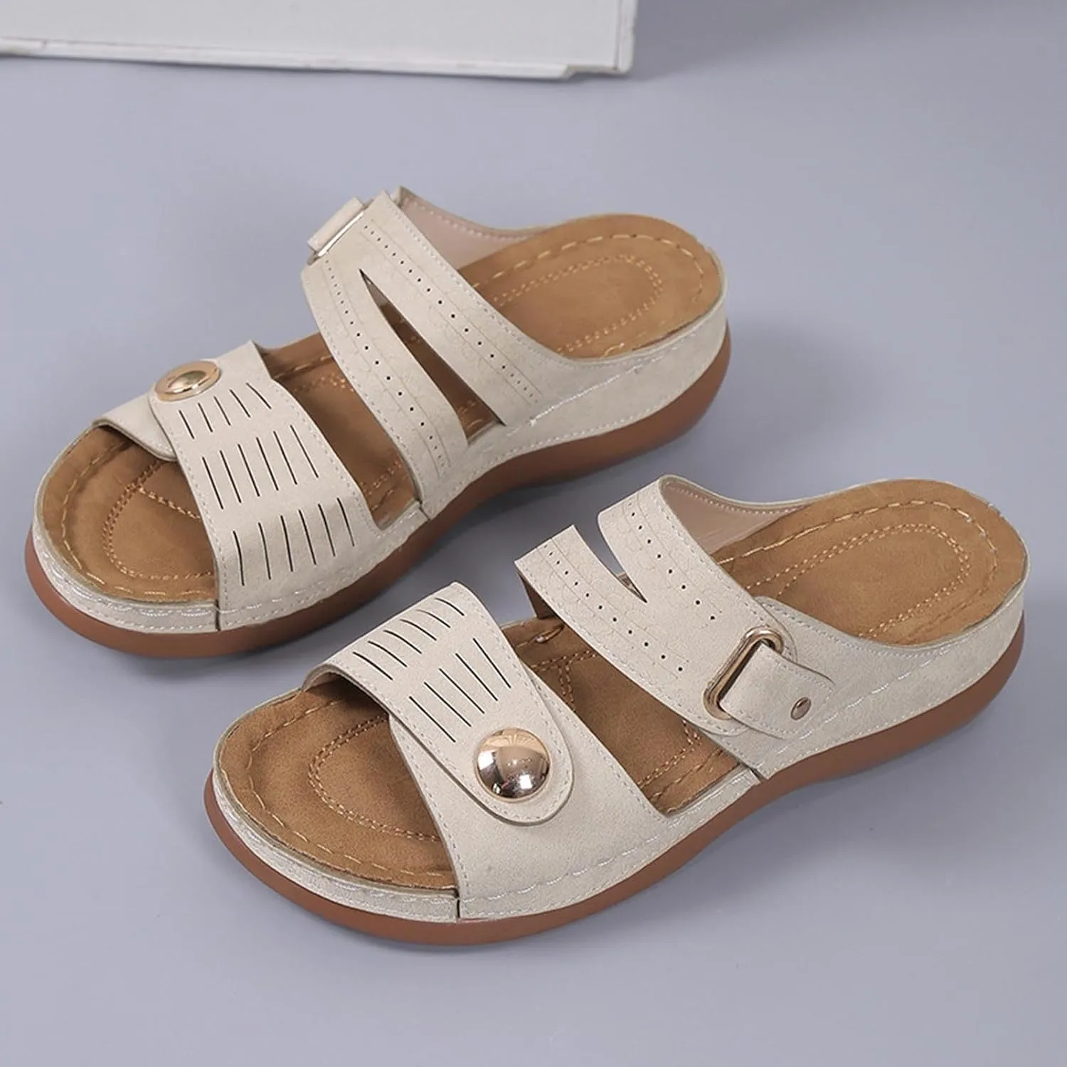 Womens Leather Flat Sandals Slide Casual Sandals with Arch Support Adjustable Hook and Loop Straps Slip-On Shoes