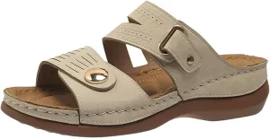 Womens Leather Flat Sandals Slide Casual Sandals with Arch Support Adjustable Hook and Loop Straps Slip-On Shoes