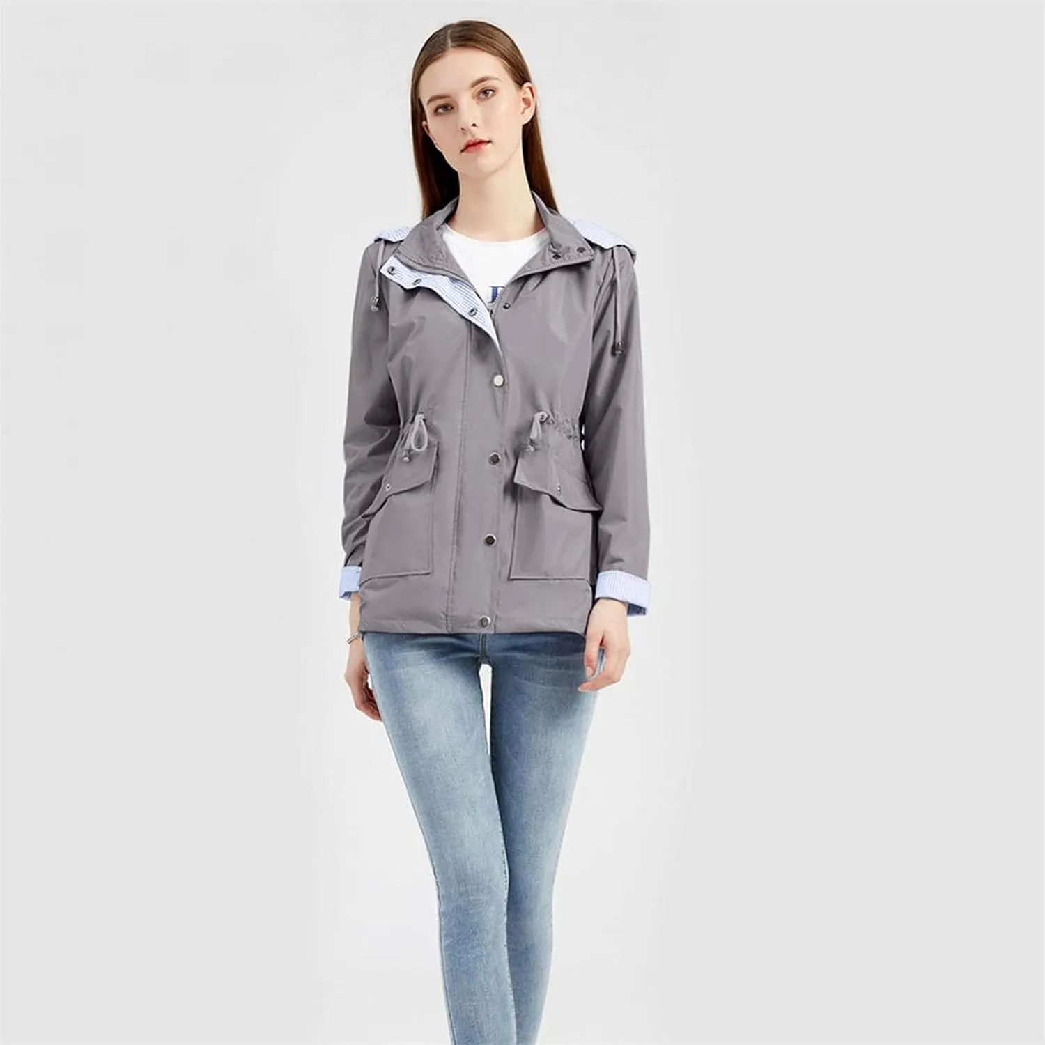 Women's Ligtweight Jackets Anorak Utility Drawstring Waist Hoodie Zip Up Fall Casual Trench Coat with Pockets