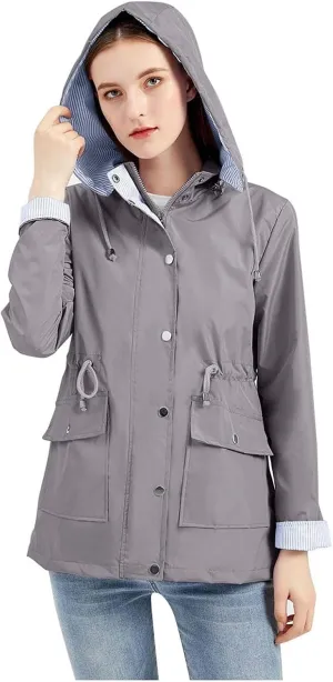 Women's Ligtweight Jackets Anorak Utility Drawstring Waist Hoodie Zip Up Fall Casual Trench Coat with Pockets