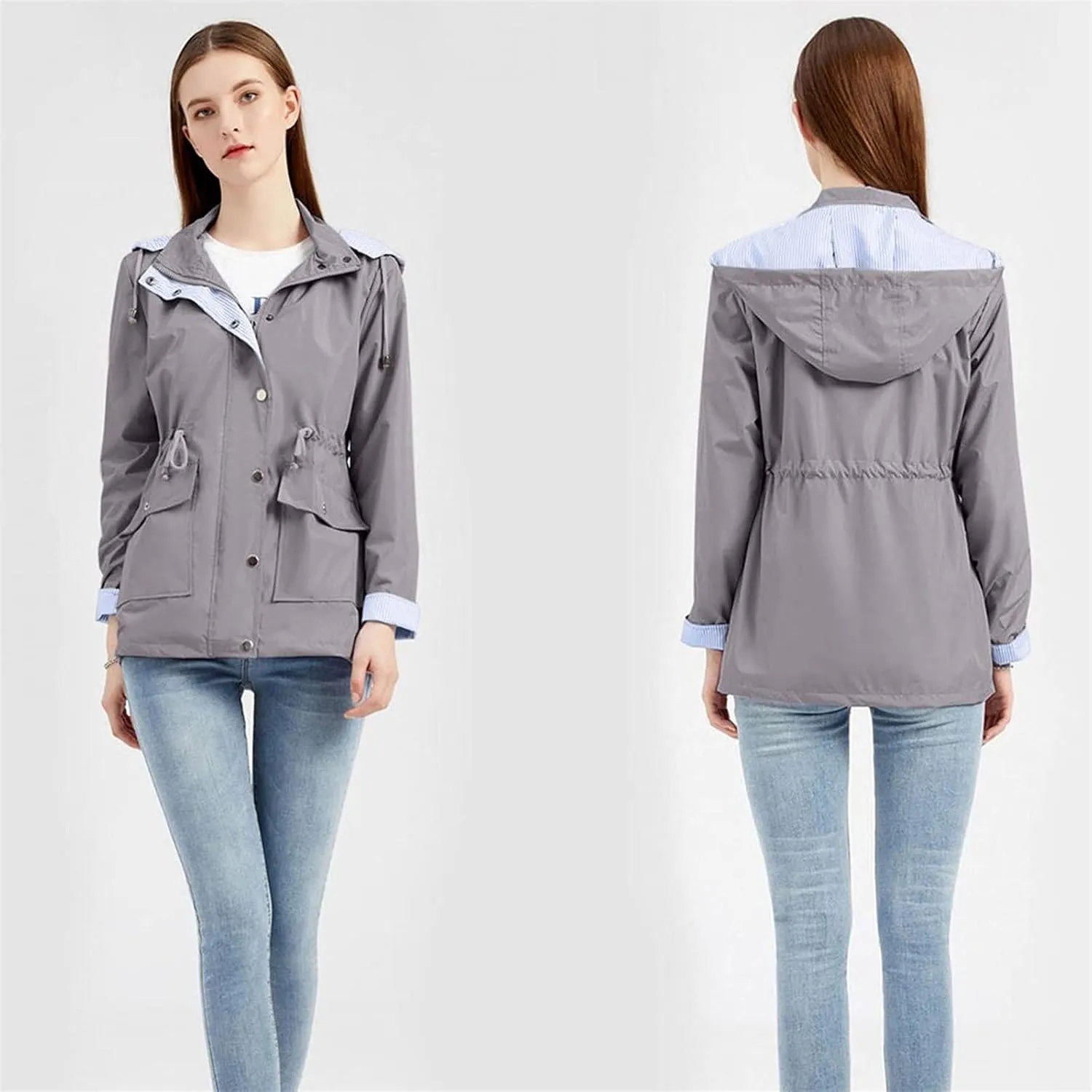 Women's Ligtweight Jackets Anorak Utility Drawstring Waist Hoodie Zip Up Fall Casual Trench Coat with Pockets