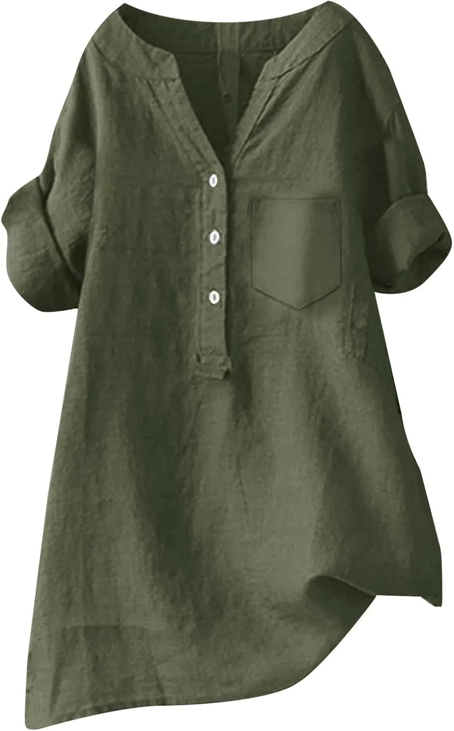 Women's Linen Button Down Shirts Short Sleeve V Neck Tshirts Light Weight Plain Blouses Casual Loose Fit Tunic Tops