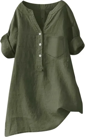 Women's Linen Button Down Shirts Short Sleeve V Neck Tshirts Light Weight Plain Blouses Casual Loose Fit Tunic Tops