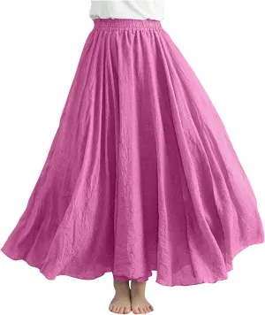 Womens Linen Maxi Skirts Solid Color Elastic Waist Pleated Beach Bohemian Long Skorts Casual Flowy Swing Maxi Skirt