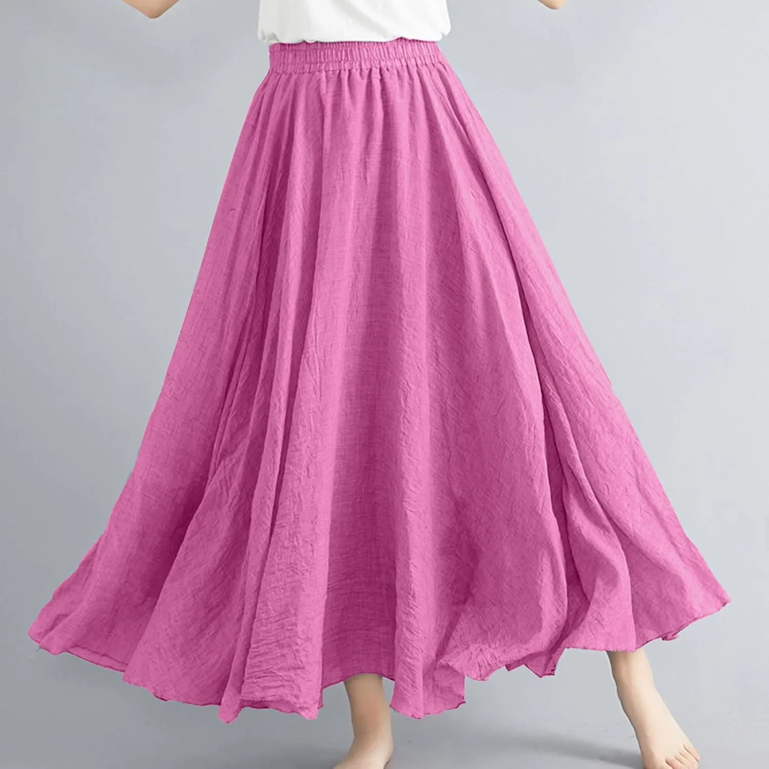 Womens Linen Maxi Skirts Solid Color Elastic Waist Pleated Beach Bohemian Long Skorts Casual Flowy Swing Maxi Skirt