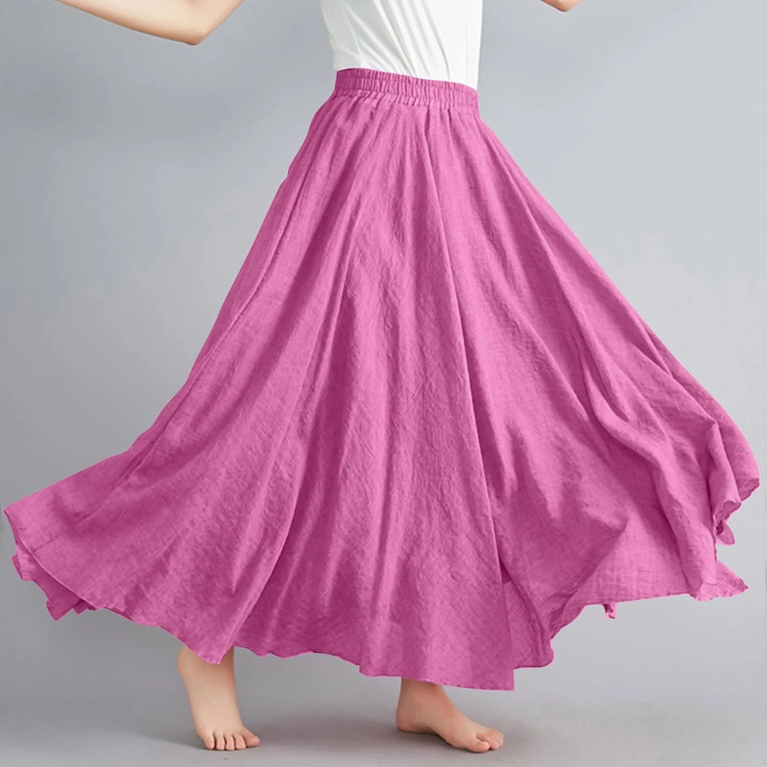Womens Linen Maxi Skirts Solid Color Elastic Waist Pleated Beach Bohemian Long Skorts Casual Flowy Swing Maxi Skirt
