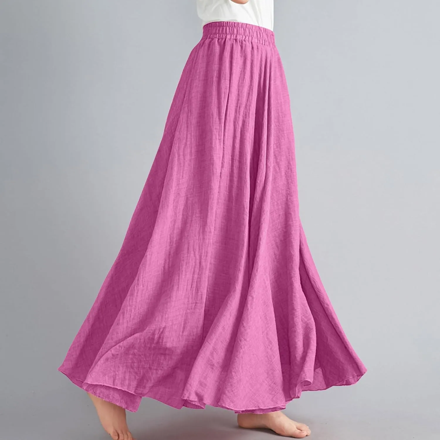 Womens Linen Maxi Skirts Solid Color Elastic Waist Pleated Beach Bohemian Long Skorts Casual Flowy Swing Maxi Skirt