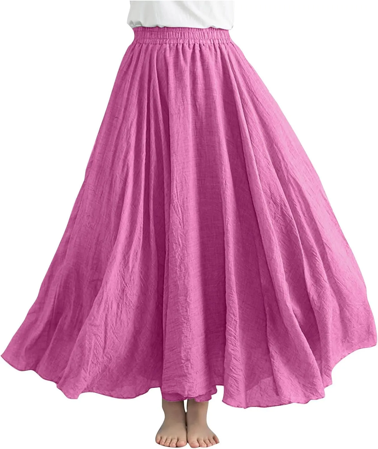 Womens Linen Maxi Skirts Solid Color Elastic Waist Pleated Beach Bohemian Long Skorts Casual Flowy Swing Maxi Skirt