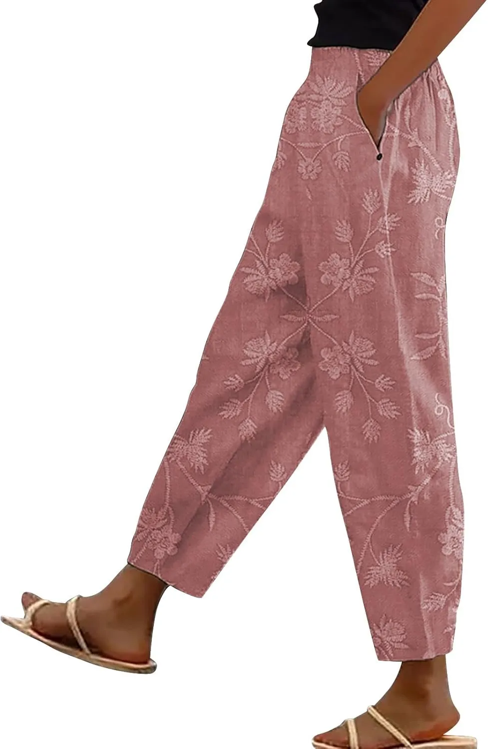 Womens Linen Pants Women 2025 Summer Elastic High Waist Split Hem Work Pants Lightweight Vacation Beach Trousers with Pockets