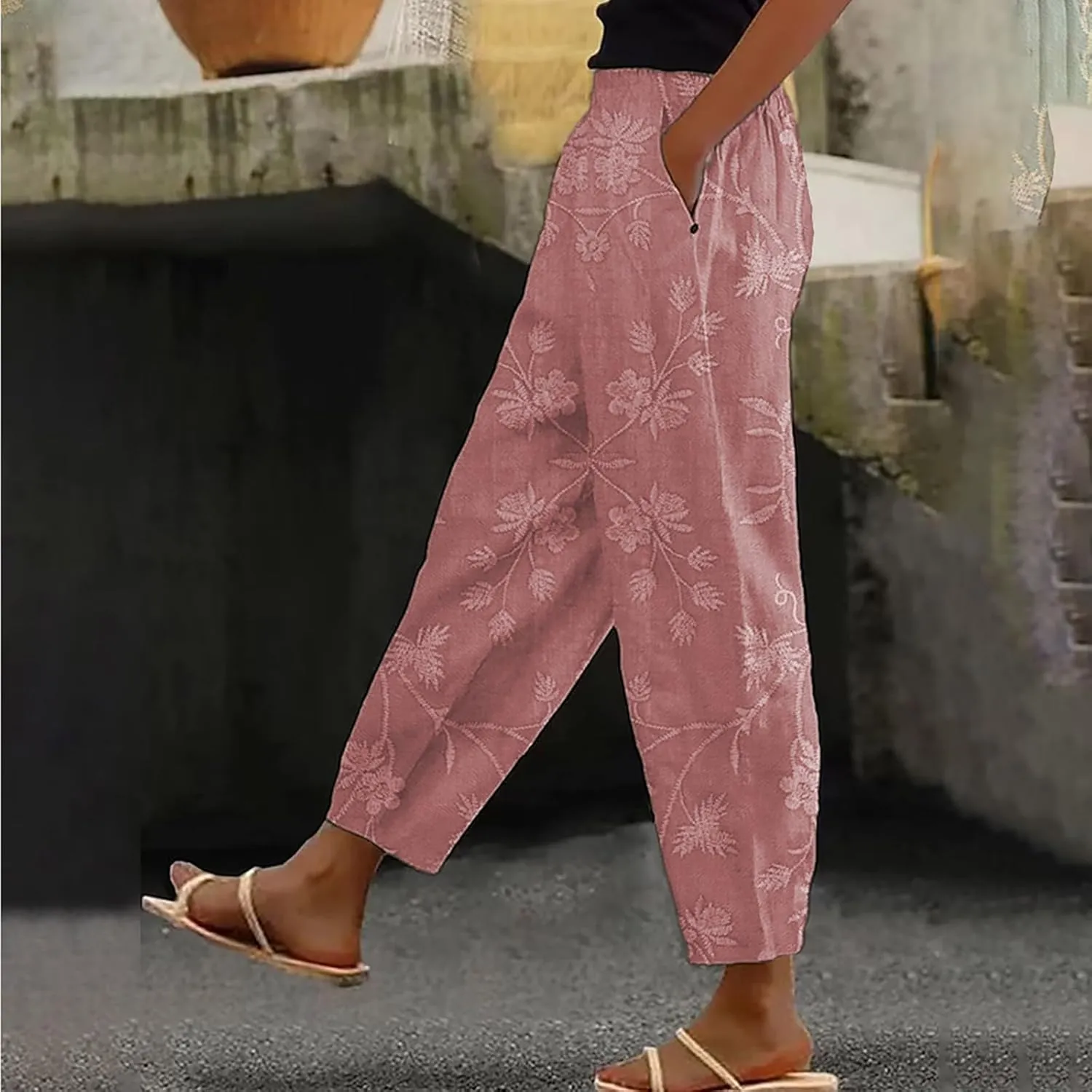 Womens Linen Pants Women 2025 Summer Elastic High Waist Split Hem Work Pants Lightweight Vacation Beach Trousers with Pockets