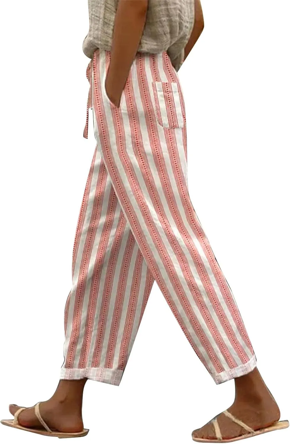 Womens Linen Pants Women 2025 Summer Elastic High Waist Split Hem Work Pants Lightweight Vacation Beach Trousers with Pockets