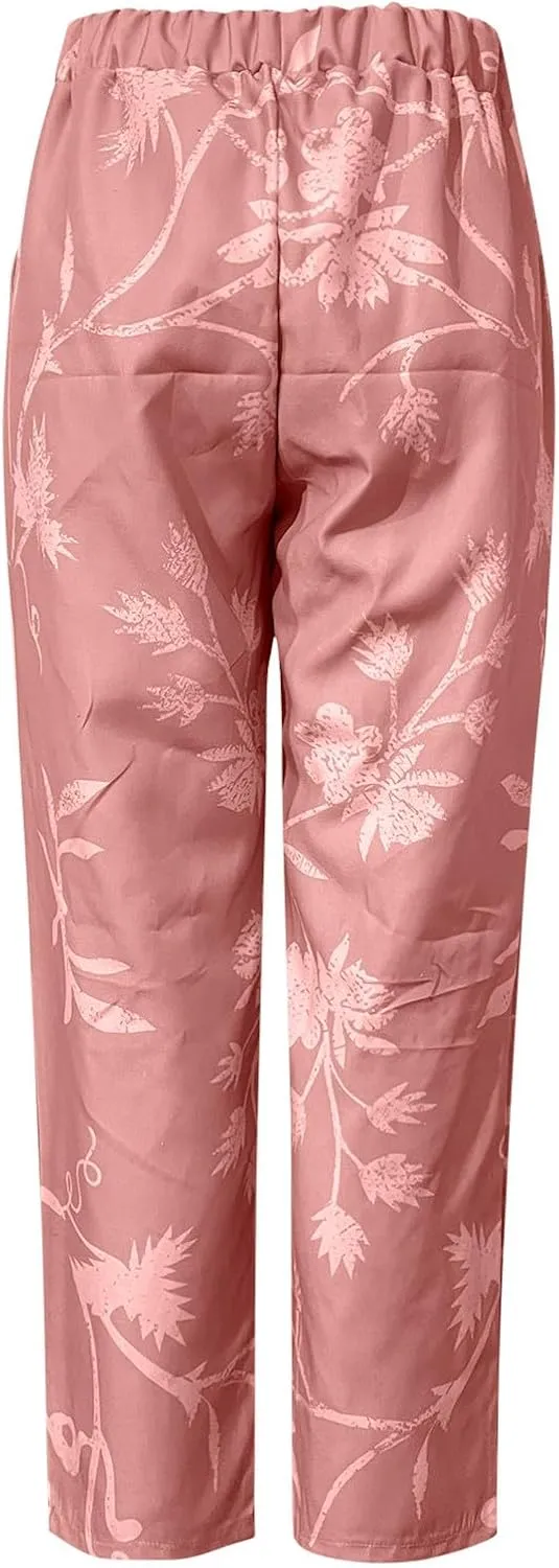 Womens Linen Pants Women 2025 Summer Elastic High Waist Split Hem Work Pants Lightweight Vacation Beach Trousers with Pockets