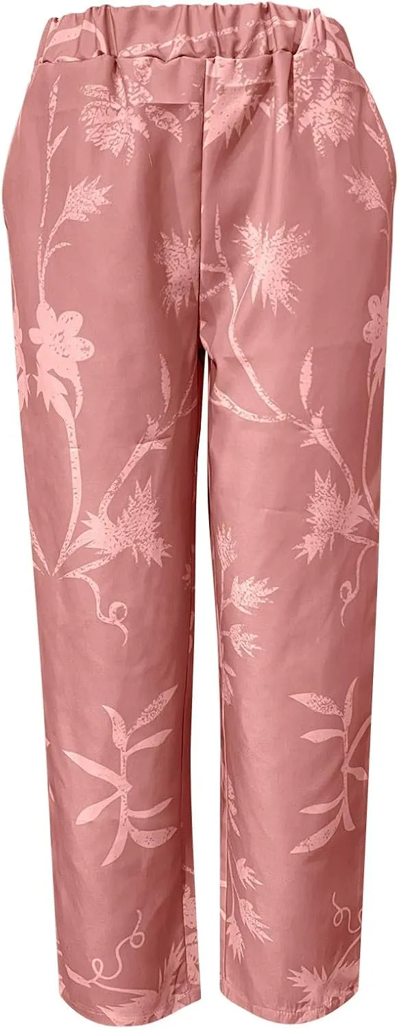Womens Linen Pants Women 2025 Summer Elastic High Waist Split Hem Work Pants Lightweight Vacation Beach Trousers with Pockets