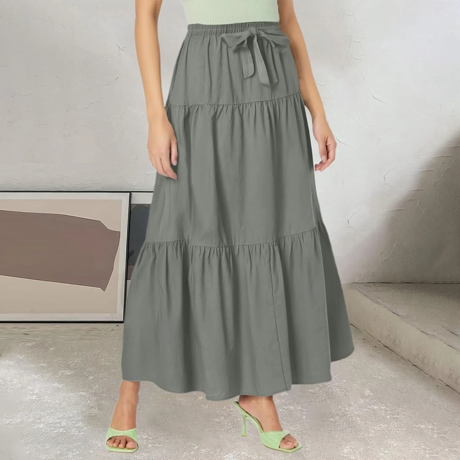 Womens Maxi Skirt High Waisted Elastic Tiered Flowy A-Line Ruffle with Pockets Beach Vacation Casual Comfy Dress