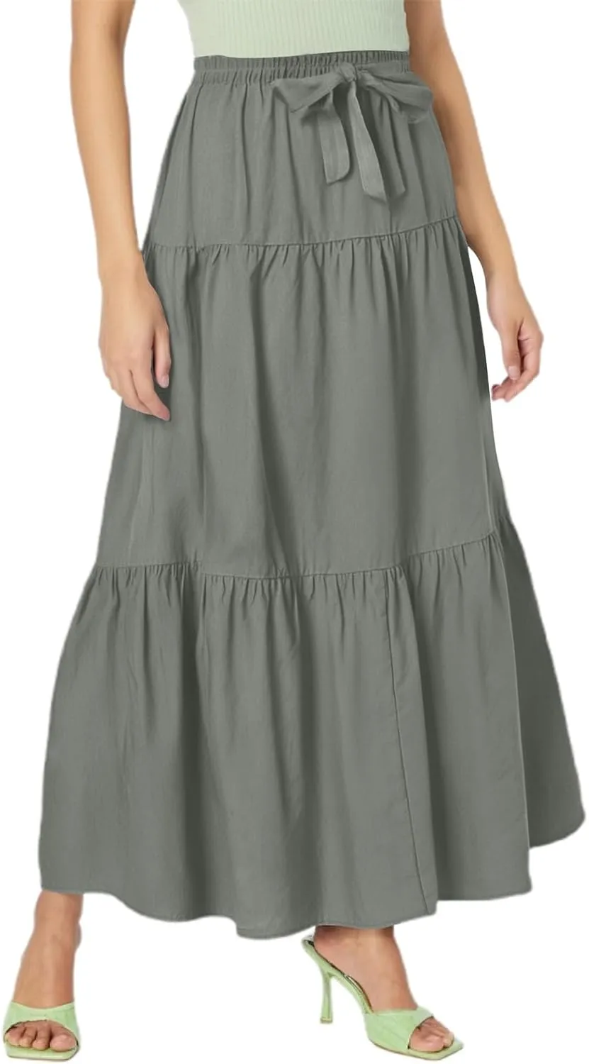 Womens Maxi Skirt High Waisted Elastic Tiered Flowy A-Line Ruffle with Pockets Beach Vacation Casual Comfy Dress
