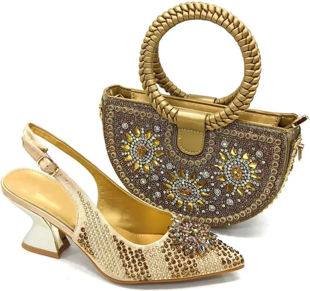 WomenS Mid Heel Shoes and Bag Set Wedding Party Pointed Toe Spike Heel Slingbacks with Shoulder Strap Bag