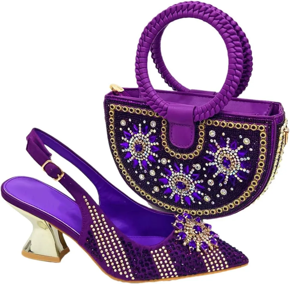 WomenS Mid Heel Shoes and Bag Set Wedding Party Pointed Toe Spike Heel Slingbacks with Shoulder Strap Bag