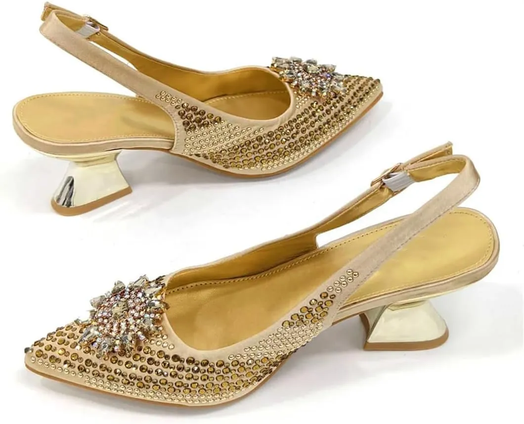 WomenS Mid Heel Shoes and Bag Set Wedding Party Pointed Toe Spike Heel Slingbacks with Shoulder Strap Bag