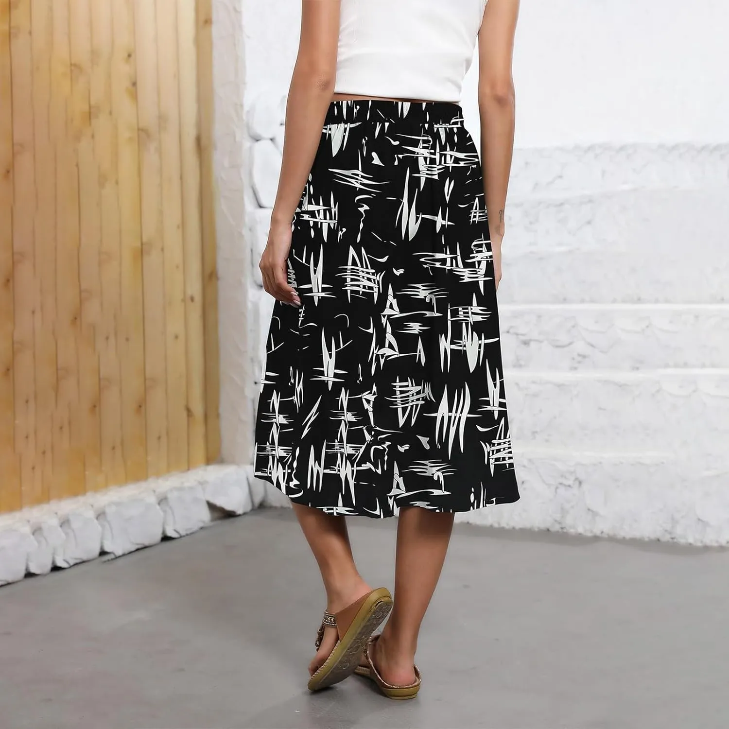 Women's Midi Skirt Summer Drawstring High Waisted Knee Length Skirts Pleated A-Line Cute Tropical Skirt with Pockets