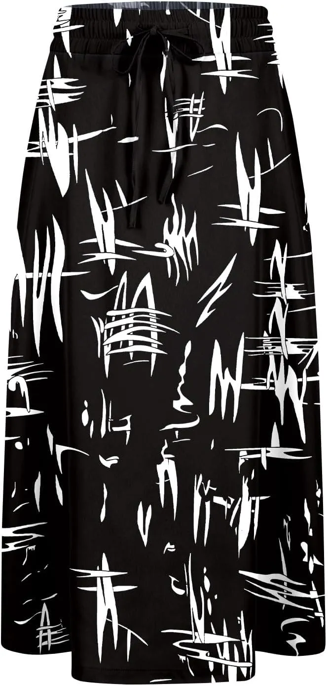 Women's Midi Skirt Summer Drawstring High Waisted Knee Length Skirts Pleated A-Line Cute Tropical Skirt with Pockets