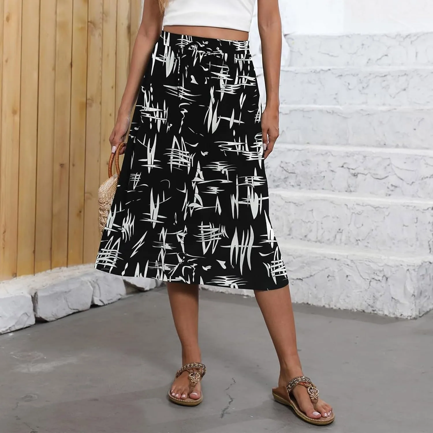 Women's Midi Skirt Summer Drawstring High Waisted Knee Length Skirts Pleated A-Line Cute Tropical Skirt with Pockets