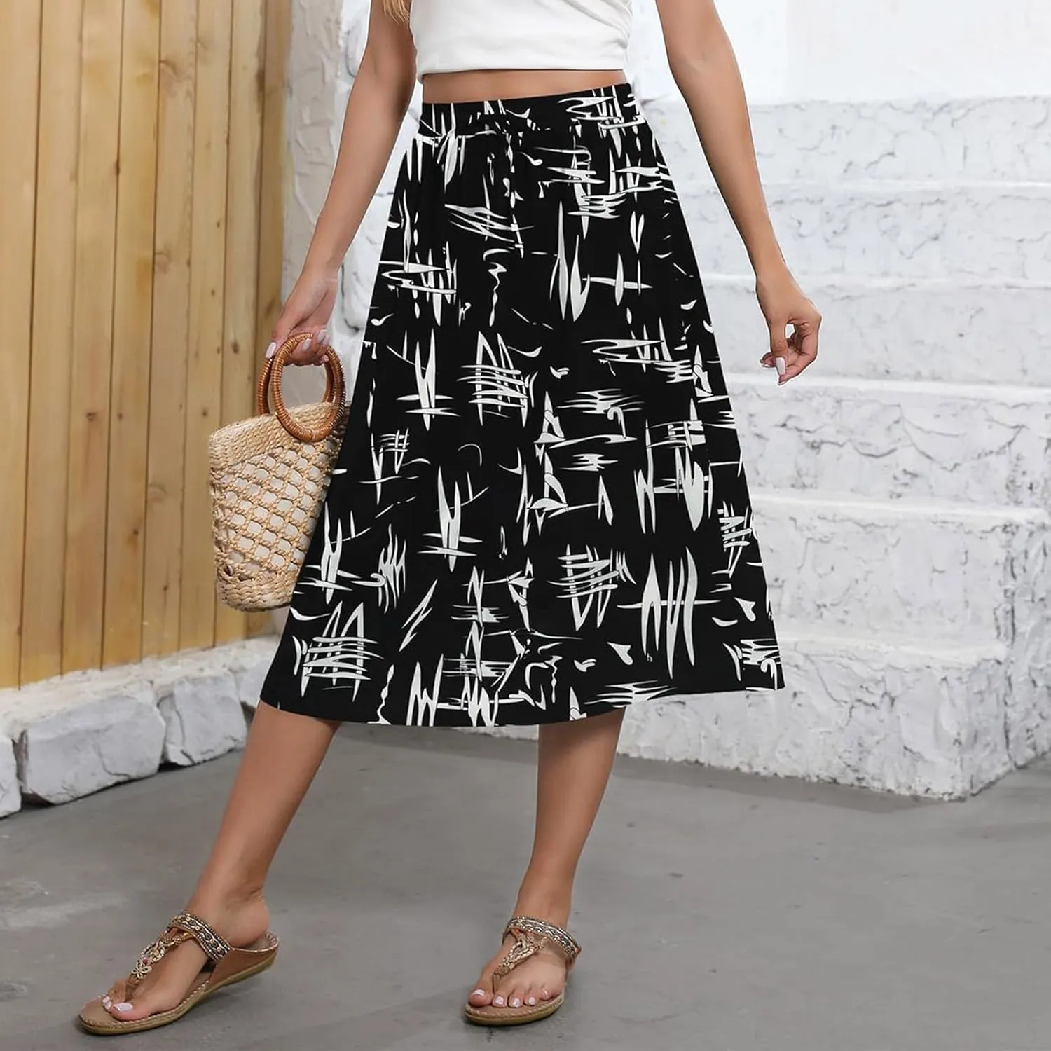Women's Midi Skirt Summer Drawstring High Waisted Knee Length Skirts Pleated A-Line Cute Tropical Skirt with Pockets