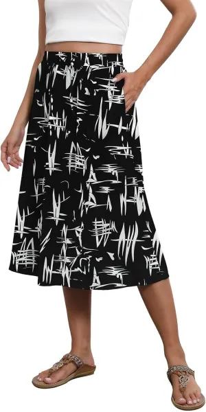 Women's Midi Skirt Summer Drawstring High Waisted Knee Length Skirts Pleated A-Line Cute Tropical Skirt with Pockets