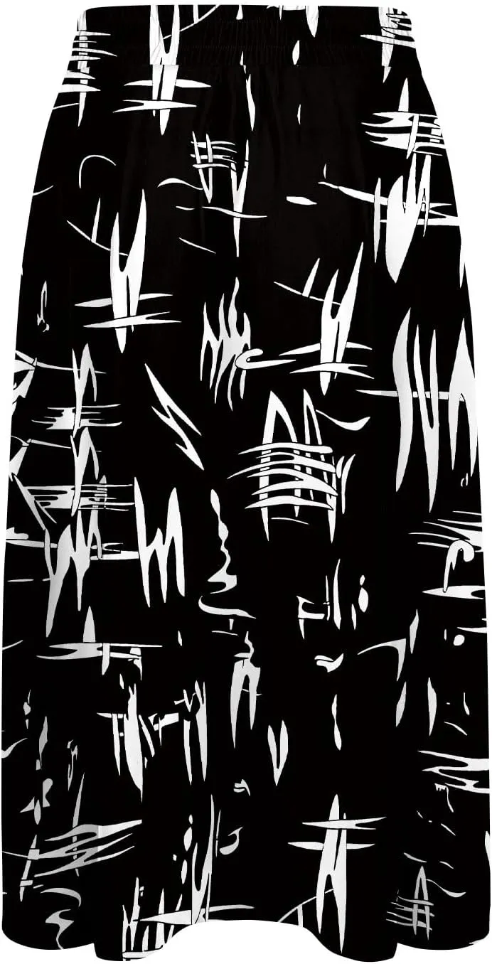 Women's Midi Skirt Summer Drawstring High Waisted Knee Length Skirts Pleated A-Line Cute Tropical Skirt with Pockets