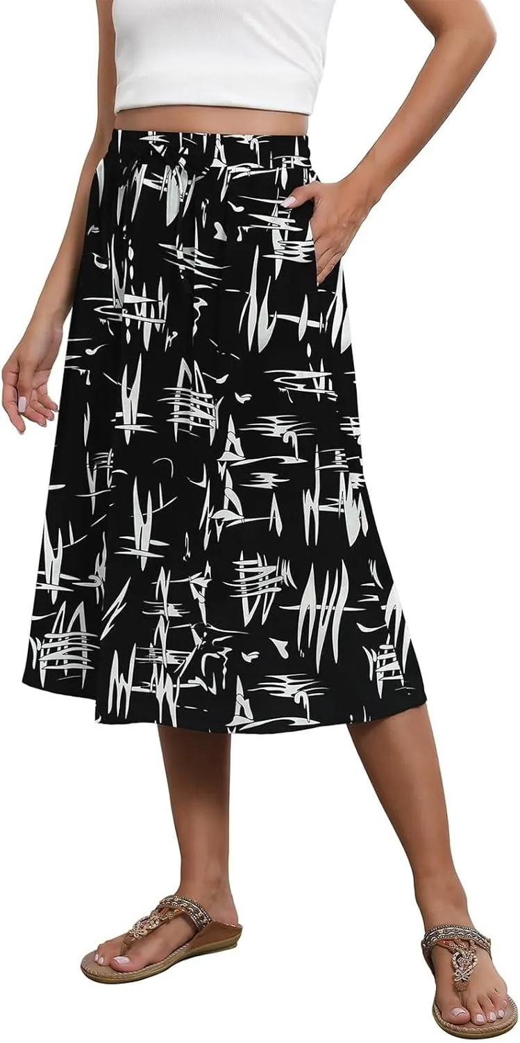 Women's Midi Skirt Summer Drawstring High Waisted Knee Length Skirts Pleated A-Line Cute Tropical Skirt with Pockets