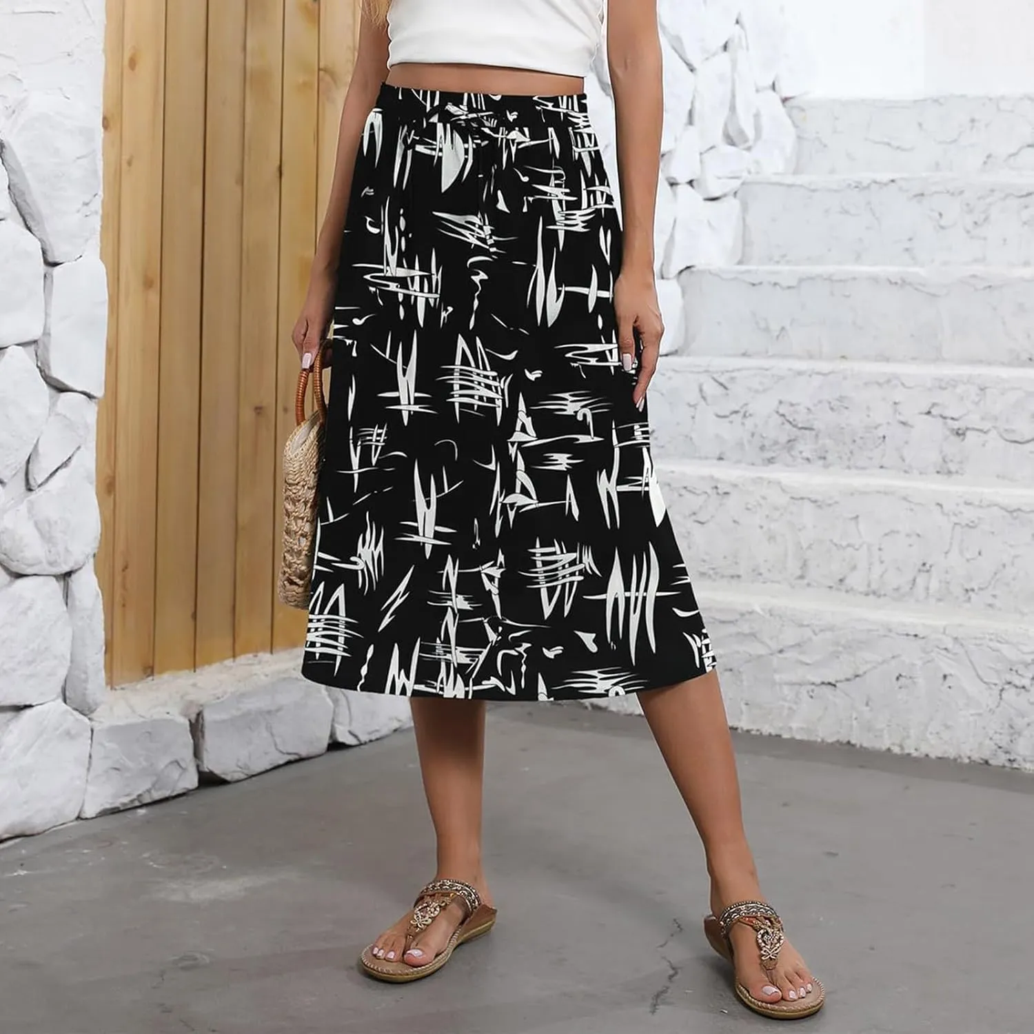 Women's Midi Skirt Summer Drawstring High Waisted Knee Length Skirts Pleated A-Line Cute Tropical Skirt with Pockets