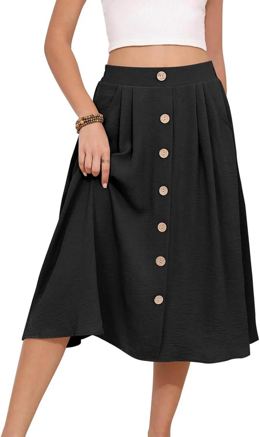Womens Midi Skirts Button Front Casual Summer Skirt High Waisted A Line Work Skirts Flowy Beach Skirts with Pockets
