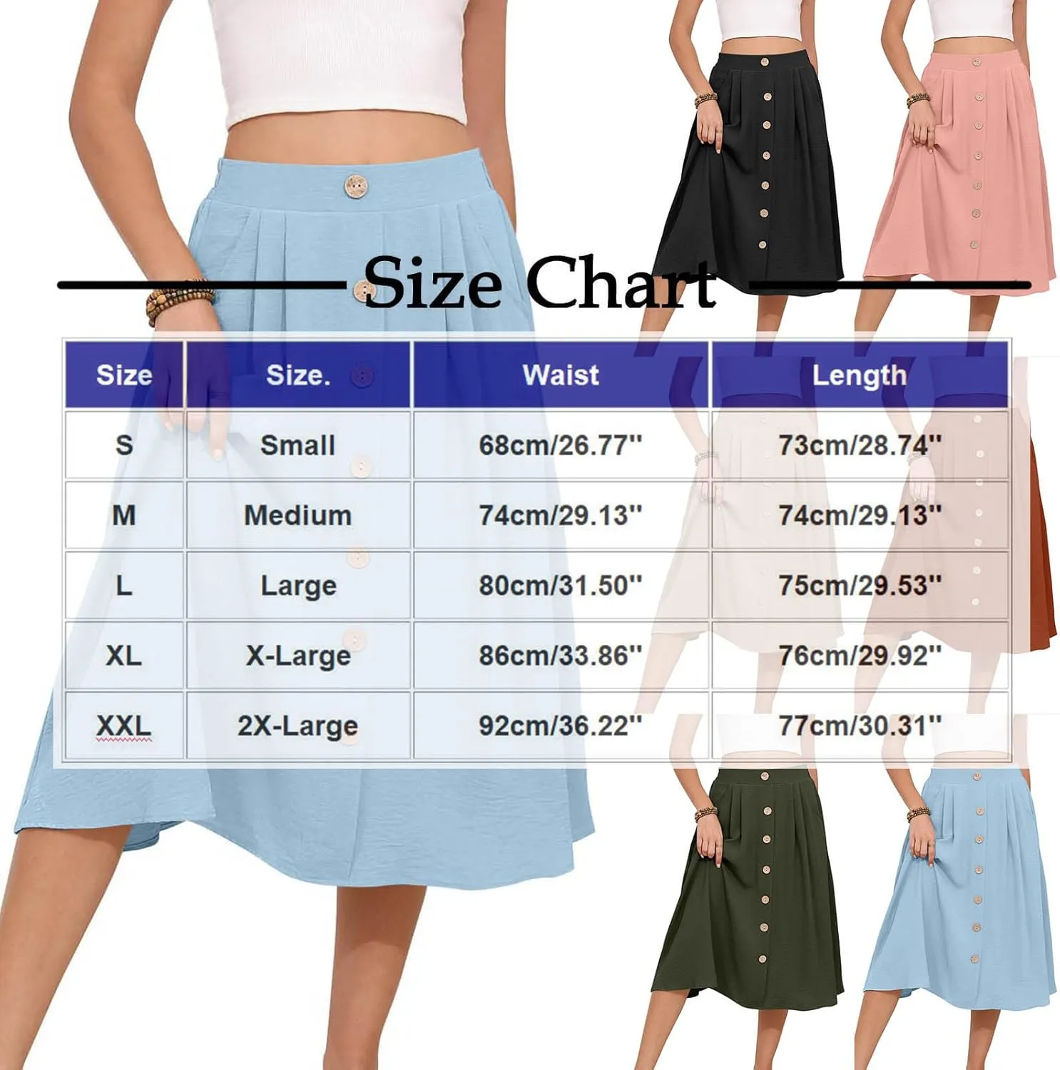 Womens Midi Skirts Button Front Casual Summer Skirt High Waisted A Line Work Skirts Flowy Beach Skirts with Pockets