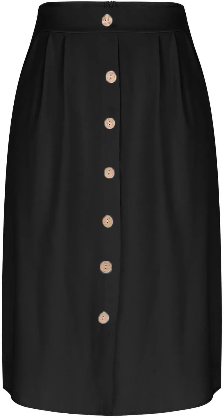 Womens Midi Skirts Button Front Casual Summer Skirt High Waisted A Line Work Skirts Flowy Beach Skirts with Pockets