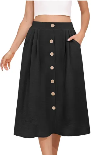 Womens Midi Skirts Button Front Casual Summer Skirt High Waisted A Line Work Skirts Flowy Beach Skirts with Pockets