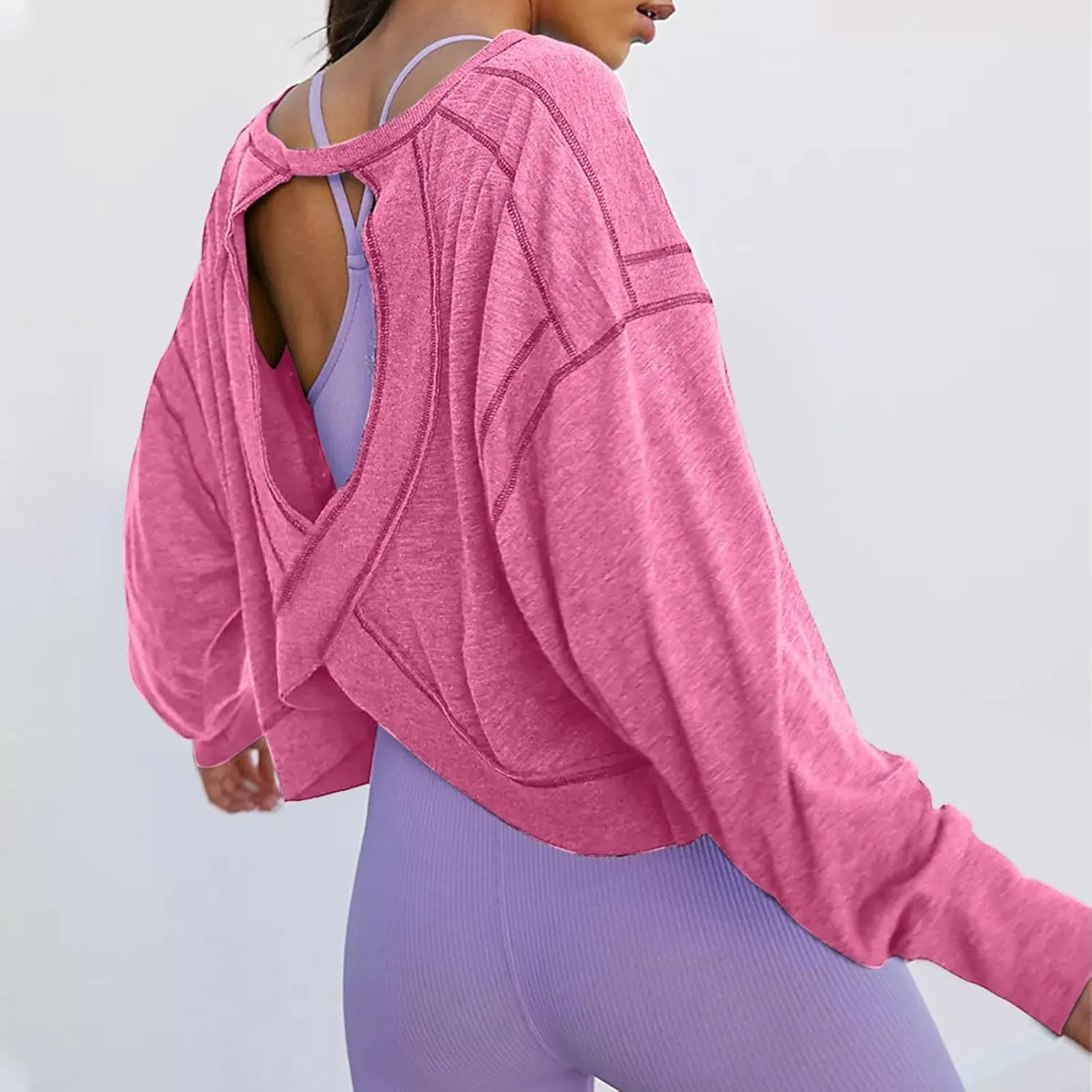 Womens Open Back Workout Tops Sexy Backless Long Sleeve Athletic Shirt Running Crop Top Gym Yoga Tee