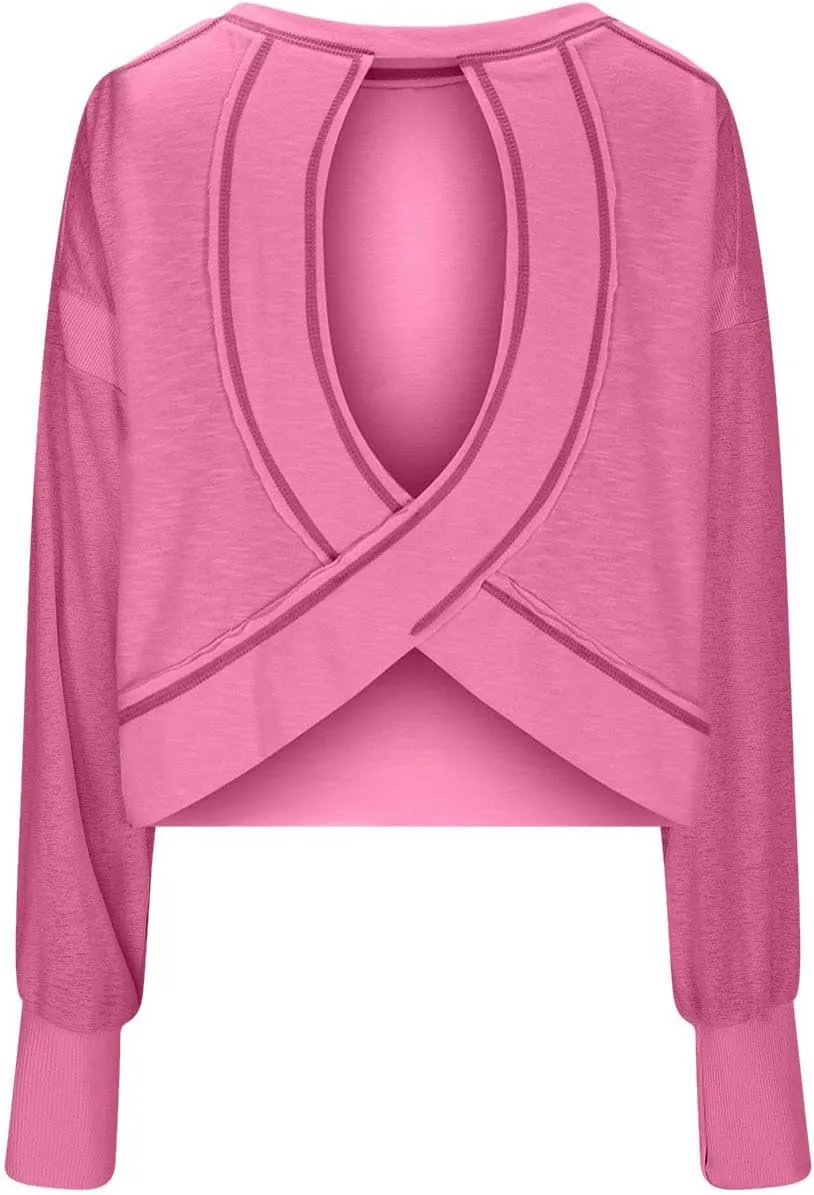 Womens Open Back Workout Tops Sexy Backless Long Sleeve Athletic Shirt Running Crop Top Gym Yoga Tee