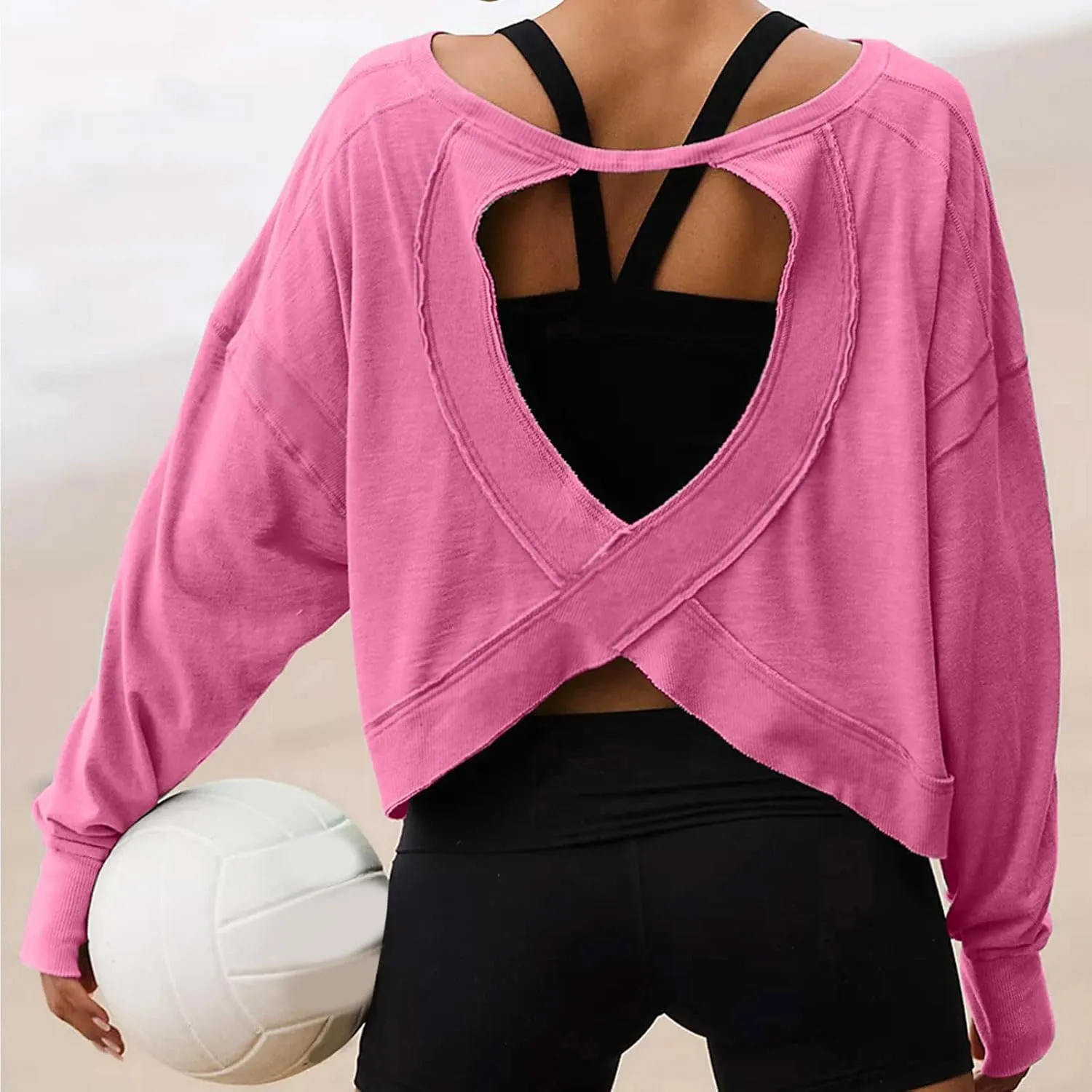 Womens Open Back Workout Tops Sexy Backless Long Sleeve Athletic Shirt Running Crop Top Gym Yoga Tee